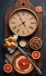 a wooden clock sitting on top of a table with different foods around it