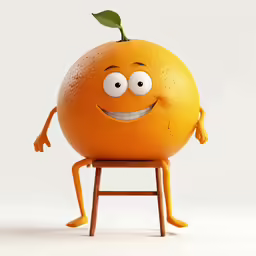 a happy orange character sitting on a stool