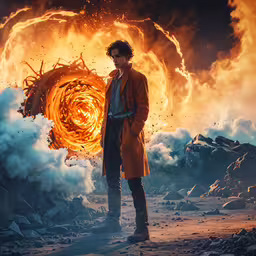 an artistic artwork is shown with a man standing in the middle of flames and rocks,a man standing in a rocky area holding an orange and white ball