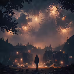 a person is standing in the distance in a dark, sprinkled landscape