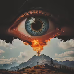 an eye with some fire coming out of it