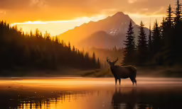 the animal is standing by the water at the edge of the forest
