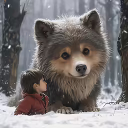 a young boy is standing by an enormous furry wolf