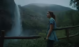a woman is standing next to a waterfall