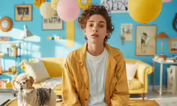 young boy sits on floor near balloons in living room