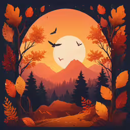 a painting of a sunset with trees, birds and mountains,some trees rocks a hill a full moon and birds