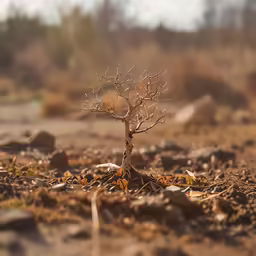 small tree with no leaves growing in barren, rocky area