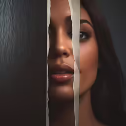 an african american woman looks out of torn paper