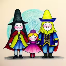 drawing of the three children in costumes for halloween,three children dressed up in costumes on a drawing