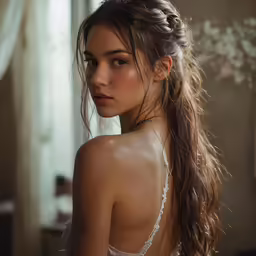 a young woman with a hairdo, wearing a dress and posing for a picture