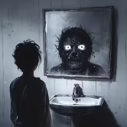 the image is of someone standing in front of a creepy picture