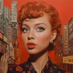 red hair woman with city scene in the background