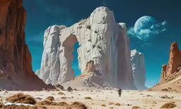 a man is standing alone in the middle of some desert