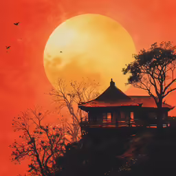 the pagoda sits on a hill under an orange sun