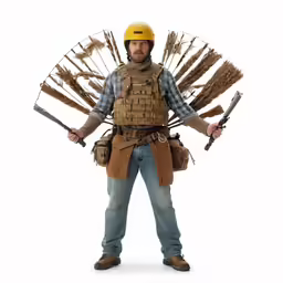 a man dressed in a medieval costume and with several weapon on his arm
