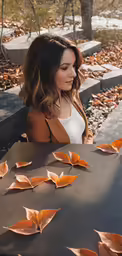 young girl sitting on bench in leaf filled park