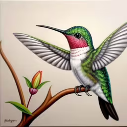 there is a picture of a hummingbird on the branch,a colorful hummingbird is sitting on a branch,a hummingbird that is on a branch with its wings stretched out,a small bird is perched on a branch,a colorful hummingbird sitting on top of a branch
