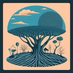 an image of a surreal tree and land in the sky,an abstract poster for a psychedelic psychedelic psychedelic album
