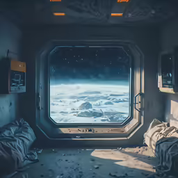 a bedroom with a large window that overlooks snow and sky