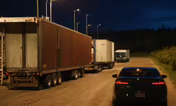 a truck driving down the street at night time,a car that is driving by a truck