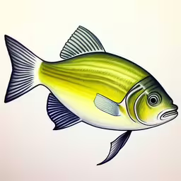 an ink drawing of a fish,a fish that is yellow with blue stripes