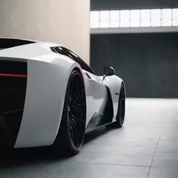 a white sports car parked inside of a building
