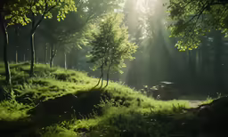 a lawn mower is on the grass in a forest