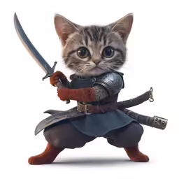 cat dressed as a knight with a sword in front of his face