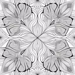 an intricate, circular pattern with leaves and flowers in black and white,a black and white pattern of a flower,a coloring book page with abstract design,a pattern that resembles a butterfly in the center,an abstract black and white design with swirls on a white background