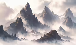a painting of a foggy mountain range