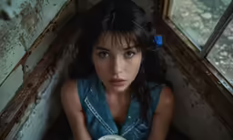 a woman with a blue and white frizzy around her neck sits in an abandoned room