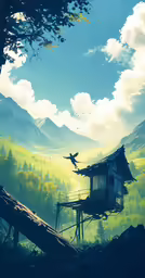 a landscape with trees, a building and mountains