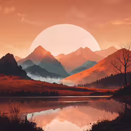 an image of a beautiful landscape with mountains and water,there is a painting with mountains and trees