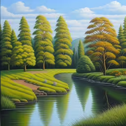 a painting of trees and a river,painting of trees and river next to hills