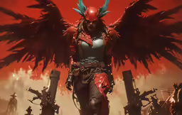 an angel with wings stands in the middle of a destroyed city