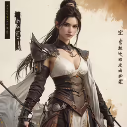 a woman in warrior garb and a large sword