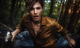 a person in the woods holding something in their hand