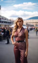 a woman is standing outside wearing a red outfit
