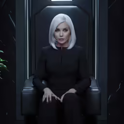 a woman sits in a chair with a black background