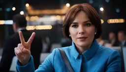 the woman in the blue jacket points to the side