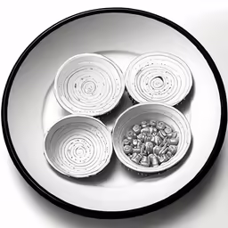 five white bowls with metal containers in the center