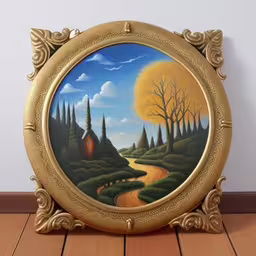 painting of an area with a path and trees,painting of a house on wooden surface with frame