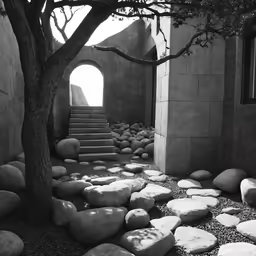 black and white photograph of stone steps leading up to a tree