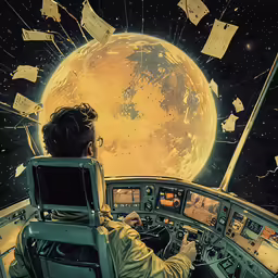 a man is sitting in a space shuttle looking at a moon