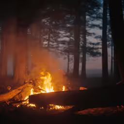 the fire is blazing in the middle of the woods