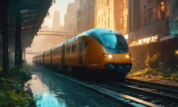 the train is traveling on the railroad tracks near buildings,a yellow passenger train that is on the tracks