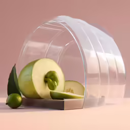 two green apples with leaves are under a clear dome
