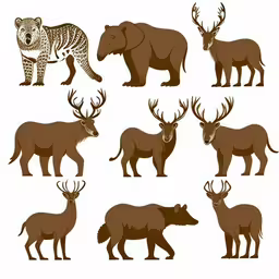 different types of animals that are depicted in an image,a set of wild animals including an elk, tigers, leopard and snow leopard,a large set of different animals,different brown animals that are standing together,a set of wild animals and wildlife