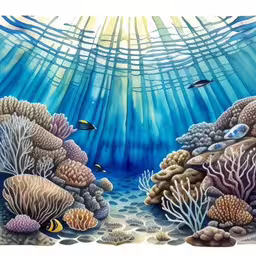an underwater scene with fish, sponges and corals,an underwater scene shows the corals, sea stars and fishes,the underwater world is surrounded by colorful corals and fish,a painting of a blue ocean scene with fish,some fish in a body of water with corals and plants