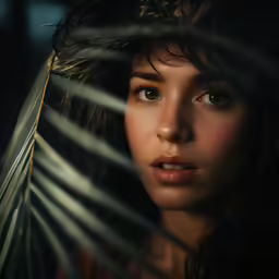 a beautiful woman looking out through blinds in the dark